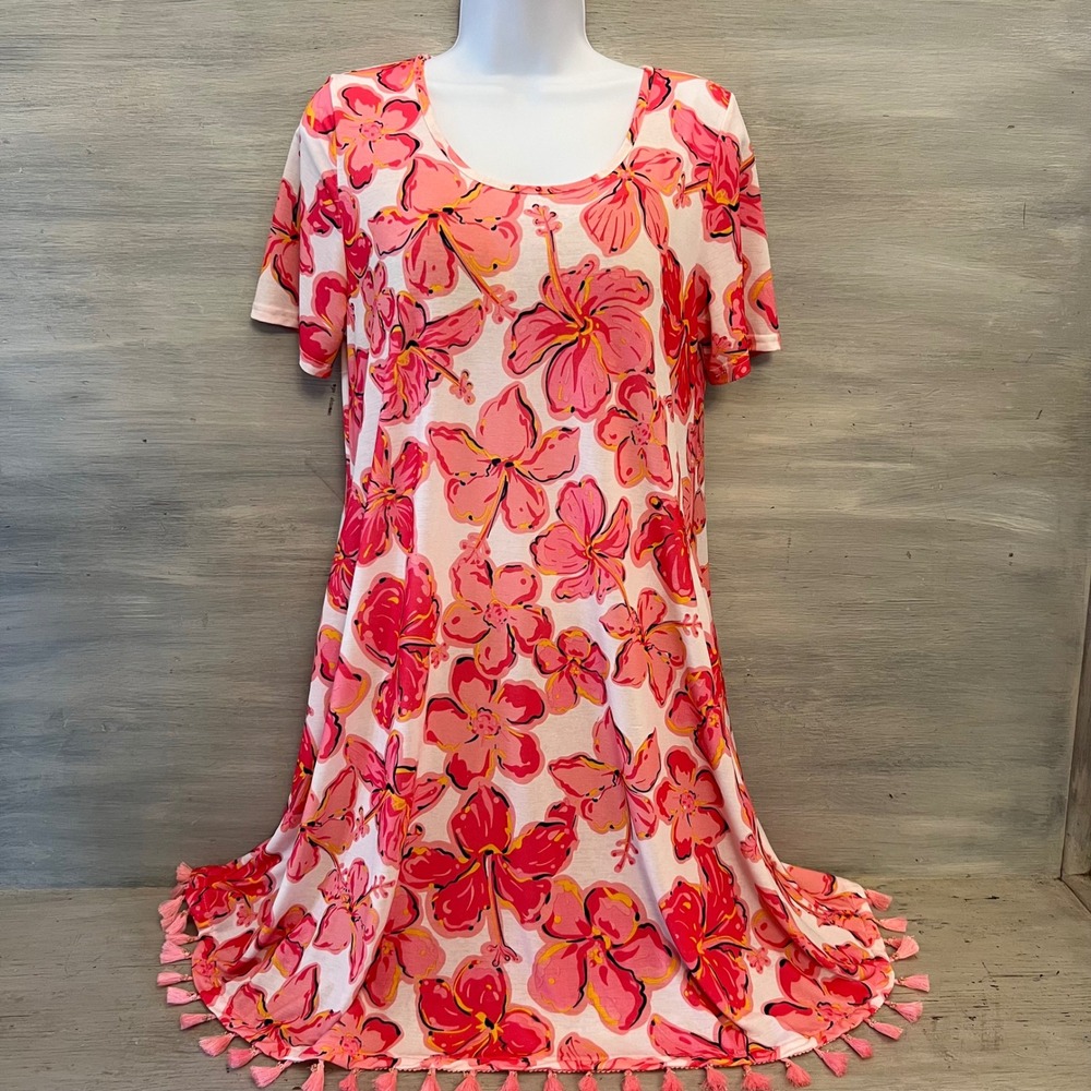 Simply Southern Hot Pink Hawaiian Flower Print Above Knee Dress Size Small GC